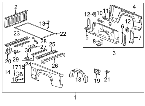 2005 GMC Canyon Pickup Box Assembly, Front & Side Panels, Floor Side Panel Assembly Anchor Plate Diagram for 15730671