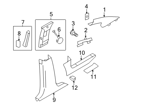 2007 Lincoln MKX Interior Trim - Pillars, Rocker & Floor Windshield Pillar Trim Diagram for 7A1Z-7803598-AB