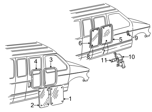 2000 Ford E-350 Econoline Club Wagon Glass - Side Door Glass Diagram for F8UZ-1525722-BA