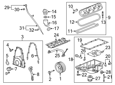 2013 Cadillac CTS Engine Parts, Mounts, Cylinder Head & Valves, Camshaft & Timing, Oil Pan, Oil Pump, Crankshaft & Bearings, Pistons, Rings & Bearings, Variable Valve Timing Oil Pan Bolt Diagram for 12554990