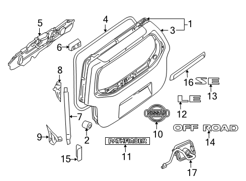 2009 Nissan Pathfinder Lift Gate & Hardware, Exterior Trim Back Door Lock Assembly Diagram for 90502-CY00A