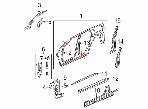 2005 Saturn Vue Center Pillar, Hinge Pillar, Rocker, Uniside Upper Panel Diagram for 15811650