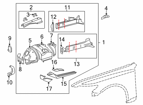 2007 Lexus LS460 Structural Components & Rails Apron Assy, Front Fender, RH Diagram for 5371050340