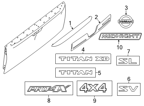 2018 Nissan Titan Exterior Trim - Pick Up Box Front Door Emblem Diagram for 80892EZ00A