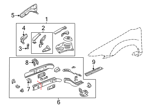2001 Oldsmobile Alero Structural Components & Rails Rail-Engine Compartment Rear Side RH Diagram for 22593950