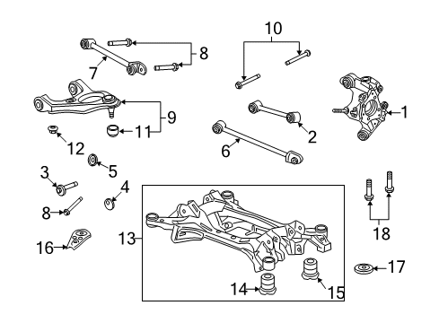 2008 Honda Accord Rear Suspension Components, Lower Control Arm, Upper Control Arm, Stabilizer Bar Sub-Frame Assembly, Rear Suspension Diagram for 50300TA0A50