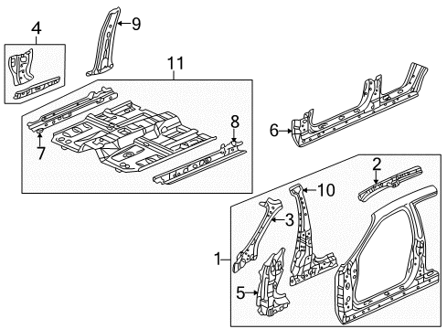 1999 Honda Accord Center Pillar, Hinge Pillar, Rocker, Floor & Rails, Uniside Sill, L. FR. Inside Diagram for 65190S84A02ZZ