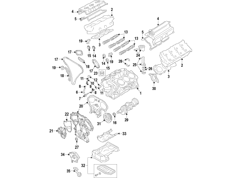 2014 Infiniti Q60 Engine Parts, Mounts, Cylinder Head & Valves, Camshaft & Timing, Variable Valve Timing, Oil Cooler, Oil Pan, Oil Pump, Crankshaft & Bearings, Pistons, Rings & Bearings Cooler Assembly-Oil Diagram for 21305JK23A
