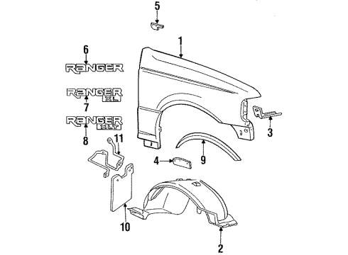 1994 Ford Ranger Fender & Components, Exterior Trim Fender Liner Diagram for F37Z16055A