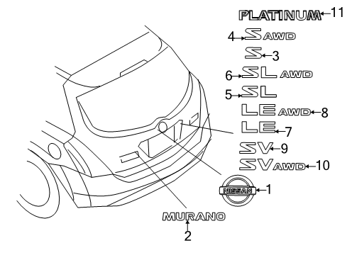 2012 Nissan Murano Exterior Trim - Lift Gate Rear Emblem Diagram for 908961AA0B