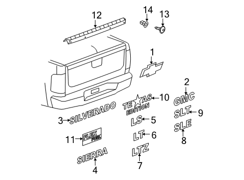 2009 Chevrolet Silverado 1500 Exterior Trim - Pick Up Box Silverado Name Plate Diagram for 15129652
