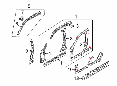 2013 Infiniti FX50 Aperture Panel, Center Pillar & Rocker, Hinge Pillar Sill-Inner, RH Diagram for 764501CA0A
