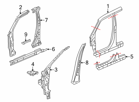 2014 Honda Pilot Aperture Panel, Center Pillar, Hinge Pillar, Rocker Reinforcement, R. Side Sill Diagram for 63220SZAA00ZZ