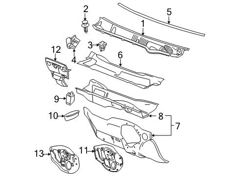 2007 Chevrolet Cobalt Cowl Cowl Grille Retainer Nut Diagram for 11609356