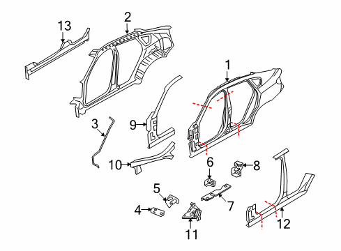 2010 BMW X6 Center Pillar & Rocker, Hinge Pillar, Uniside Mounting Bracket, Side Panel Diagram for 41007054483