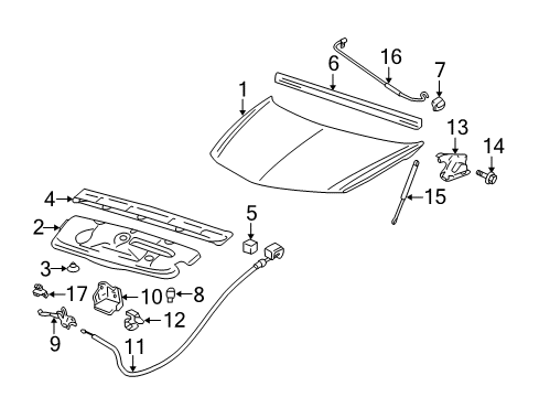 2005 Pontiac Aztek Hood & Components Support Rod Holder Diagram for 15571260