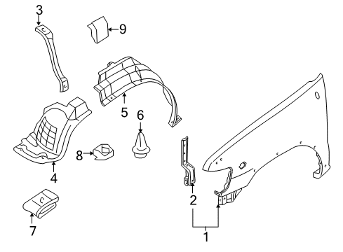 2002 Infiniti QX4 Fender & Components Protector-Front Fender, Front LH Diagram for 638453W700