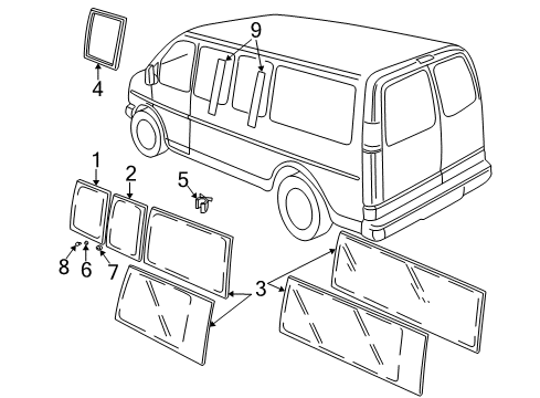 2002 GMC Savana 2500 Body Side Panels - Glass & Hardware Fixed Glass Diagram for 20906514