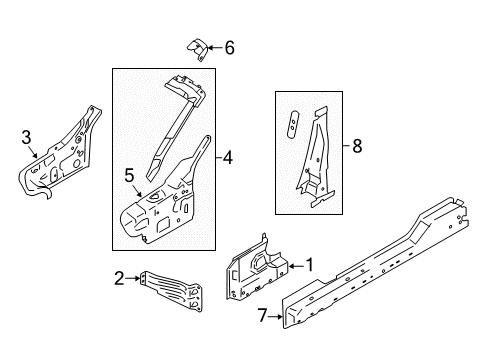 2018 Ford Mustang Hinge Pillar, Lock Pillar Weatherstrip Pillar Reinforcement Lower Reinforcement Diagram for GR3Z6302542A