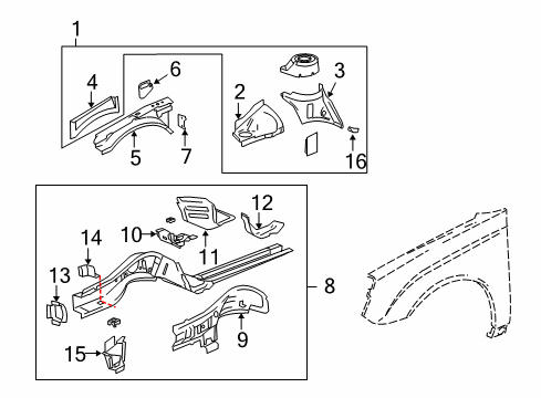 2008 Chevrolet Malibu Structural Components & Rails Upper Rail Diagram for 15939200