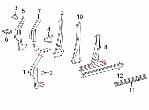 2011 Scion xB Center Pillar & Rocker, Hinge Pillar Inner Hinge Pillar Diagram for 6102412400