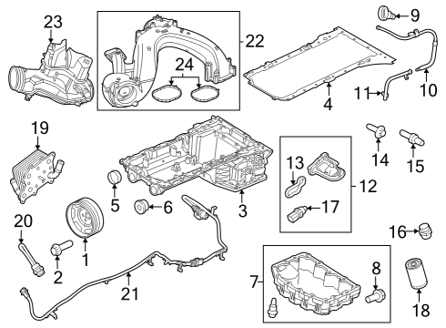 Engine Parts, Mounts, Cylinder Head & Valves, Camshaft & Timing, Variable Valve Timing, Oil Cooler, Oil Pan, Oil Pump, Adapter Housing, Crankshaft & Bearings, Pistons, Rings & Bearings Gasket Diagram for BC3Z6020CA
