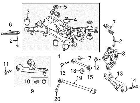 2019 Honda Pilot Rear Suspension Components, Lower Control Arm, Upper Control Arm, Stabilizer Bar Stay C, RR. Sub-Frame (R) Diagram for 50367TZ5A00