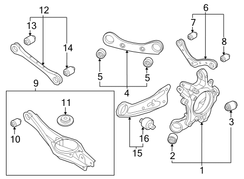Rear Suspension, Lower Control Arm, Upper Control Arm, Ride Control, Stabilizer Bar, Suspension Components Bolt Diagram for 62492C5000