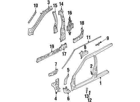 2000 Honda Passport Center Pillar & Rocker, Hinge Pillar, Uniside Rail, R. FR. Drip Pillar Diagram for 8971242124
