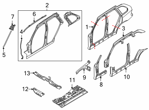 2000 BMW X5 Center Pillar & Rocker, Hinge Pillar, Floor, Uniside Floor Panel Left Diagram for 41127000539
