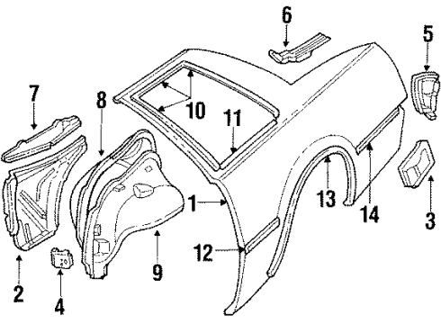 1985 Pontiac J2000 Sunbird Quarter Panel & Components, Exterior Trim Panel Asm-Rear Wheelhouse Inner Diagram for 22554594