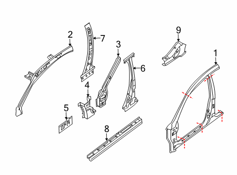 2011 Nissan Altima Center Pillar & Rocker, Hinge Pillar, Uniside Reinforce-Center Pillar, LH Diagram for 76515JA030