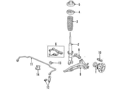 1997 Acura Integra Rear Suspension Components, Lower Control Arm, Upper Control Arm, Stabilizer Bar Bearing Assembly, Rear Hub Unit Diagram for 42200S03C51