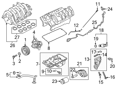 2019 Ford F-150 Engine Parts, Mounts, Cylinder Head & Valves, Camshaft & Timing, Variable Valve Timing, Oil Cooler, Oil Pan, Oil Pump, Crankshaft & Bearings, Pistons, Rings & Bearings Adapter Gasket Diagram for FL3Z6840B