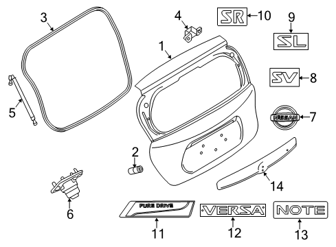 2015 Nissan Versa Note Lift Gate & Hardware, Exterior Trim Door - Back Diagram for KMA009MBAB