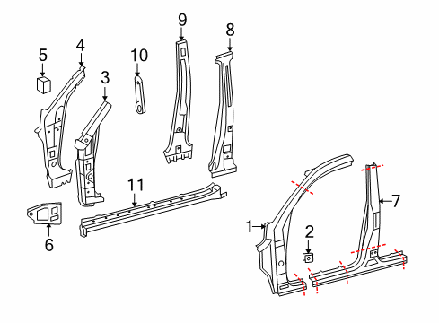 2010 Lexus GX460 Center Pillar & Rocker, Hinge Pillar Panel Sub-Assembly, Side Diagram for 6101360041