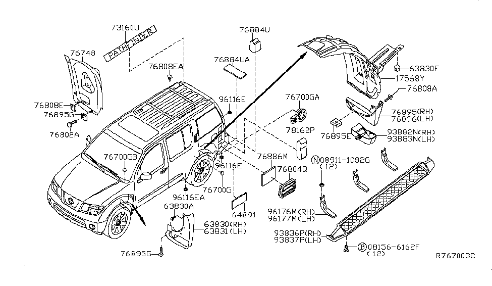 2009 Nissan Pathfinder Body Side Fitting Bracket-Side Step R Diagram for 96176-EA500
