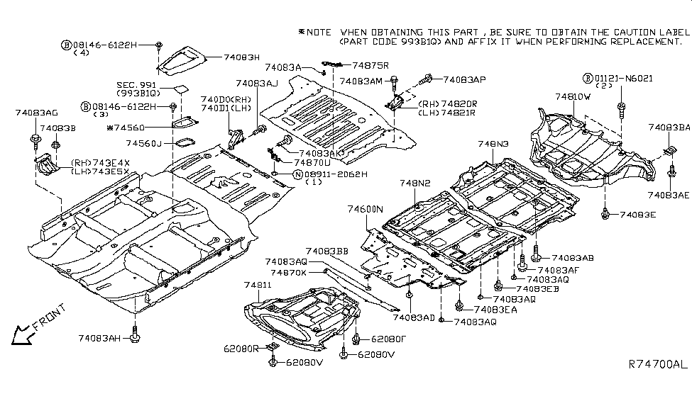 2019 Nissan Leaf Floor Fitting Nut Diagram for 01241-0009U