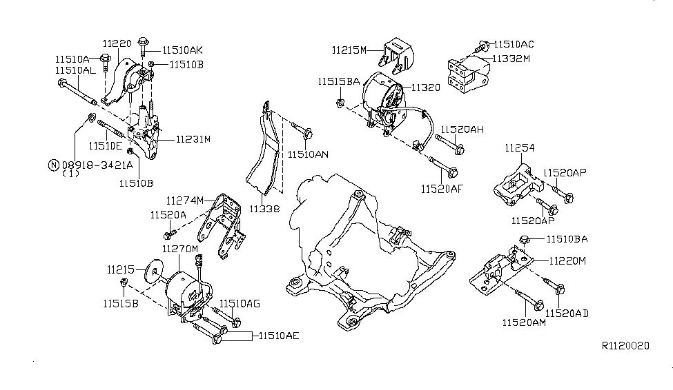 2006 Nissan Altima Engine & Transmission Mounting Bolt Diagram for 11916-4W010