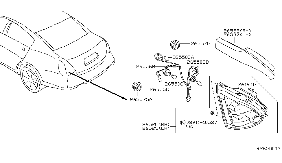 2007 Nissan Maxima Rear Combination Lamp Rim-Combination Lamp, L Diagram for 26557-7Y009