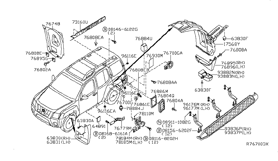 2008 Nissan Xterra Body Side Fitting Decal Side Rail Diagram for 73160-EA00A
