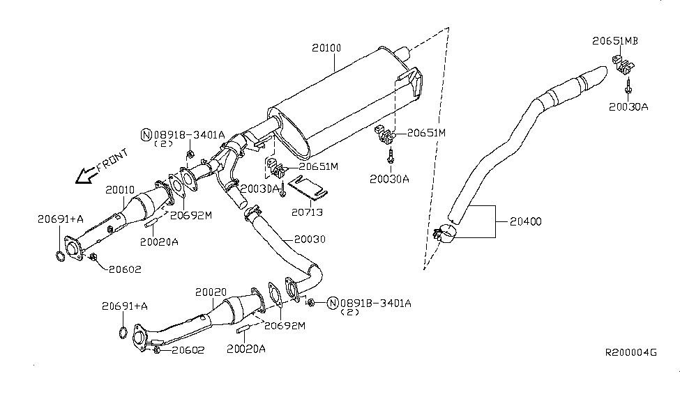 2009 Nissan Xterra Exhaust Tube & Muffler Exhaust, Main Muffler Assembly Diagram for 20100-ZL00A