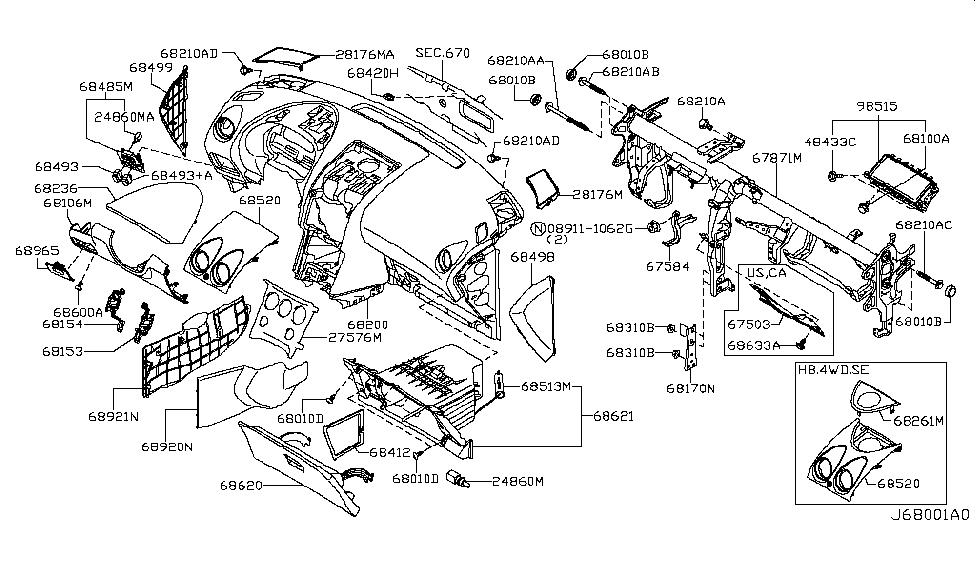 2009 Nissan Rogue Instrument Panel,Pad & Cluster Lid Bolt Diagram for 01456-N8011