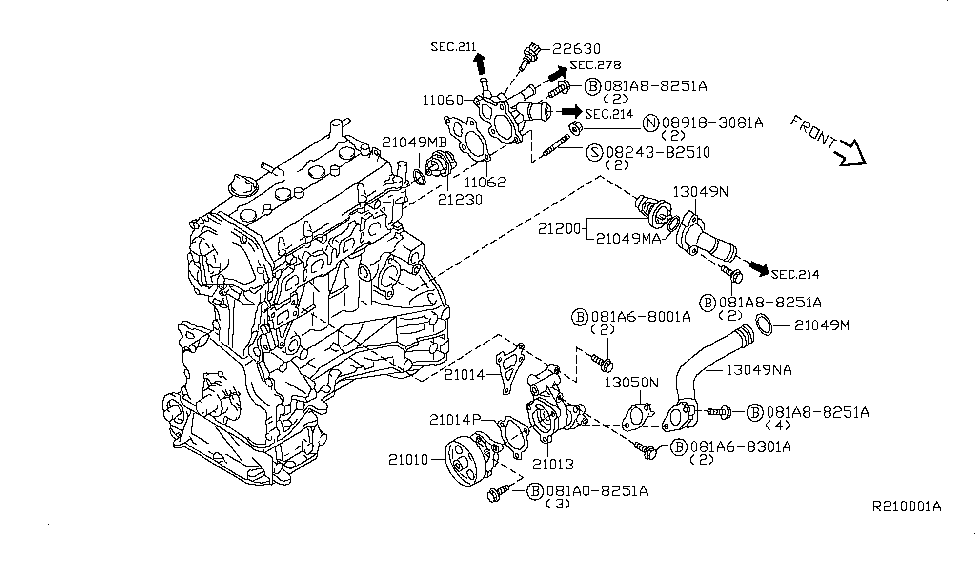 2011 Nissan Altima Sedan Water Pump, Cooling Fan & Thermostat Water Pipe Diagram for 13048-3Z000