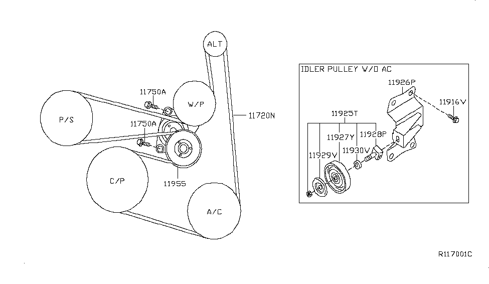 2007 Nissan Altima Sedan Fan,Compressor & Power Steering Belt Bolt Diagram for 11916-8J000