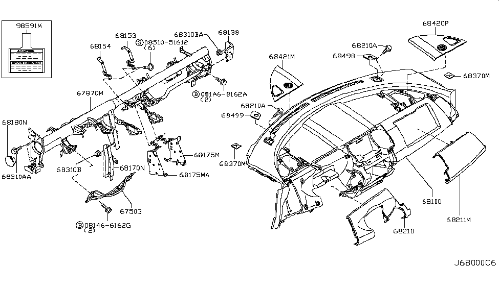 2006 Nissan Murano Instrument Panel,Pad & Cluster Lid Panel - Instrument Diagram for 68100-CA002
