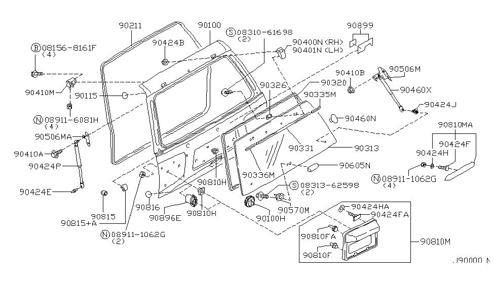 2000 Nissan Pathfinder Back Door Panel & Fitting Screw Diagram for 08310-61698