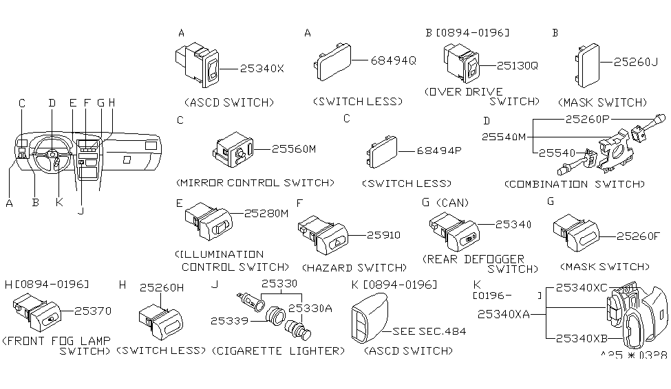 1996 Nissan Hardbody Pickup (D21U) Switch Switch Assembly Turn Signal Diagram for 25540-2B200