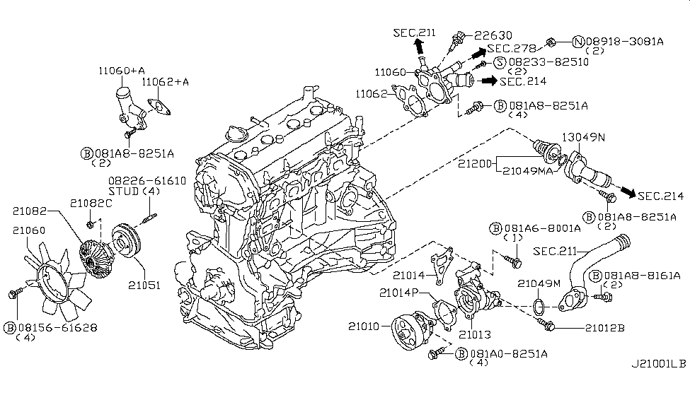 2017 Nissan Frontier Water Pump, Cooling Fan & Thermostat Water Inlet Diagram for 13049-EA01A