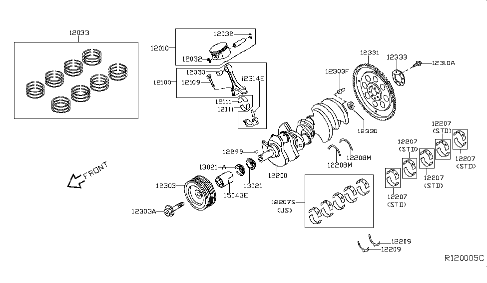 2019 Nissan Titan Piston,Crankshaft & Flywheel Bush-Piston Pin Diagram for 12030-1LA0A